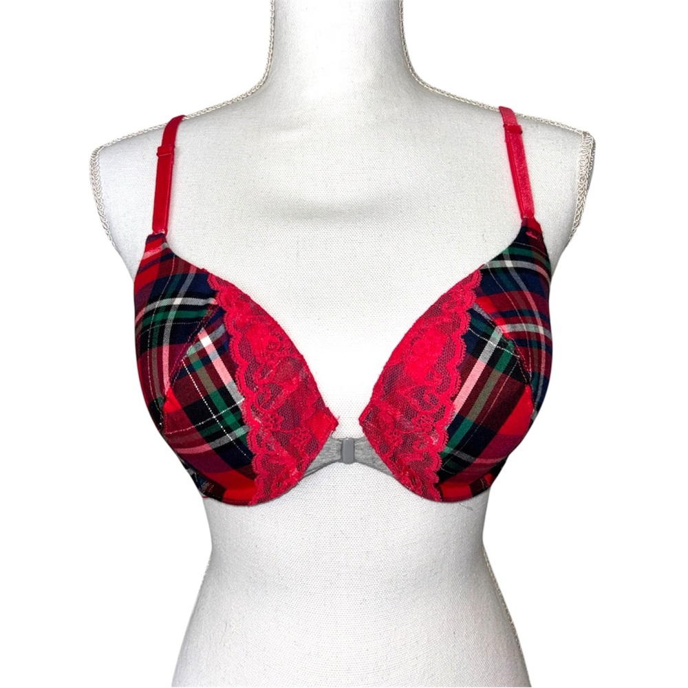 Victoria’s Secret Red Green Plaid Front Close Bra 36B Lined Underwire Holiday